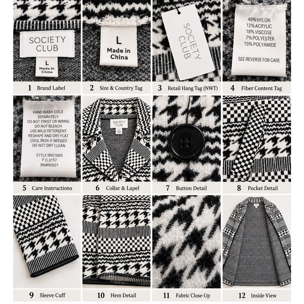 Society Club Houndstooth Coatigan Women L Black White NWT - Picture 7 of 8
